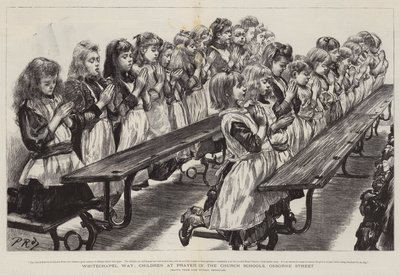 Camino de Whitechapel, niños rezando en las escuelas de la iglesia, Osborne Street de Charles Paul Renouard